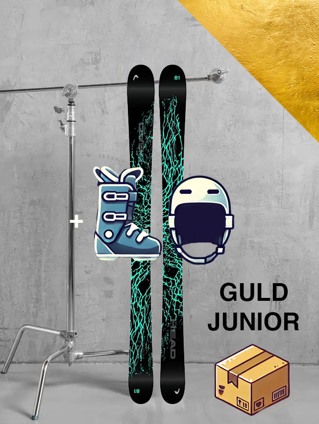 Junior Freestyle (twintip) ski inklusiv skistave, støvler og hjelm / GULD pakke